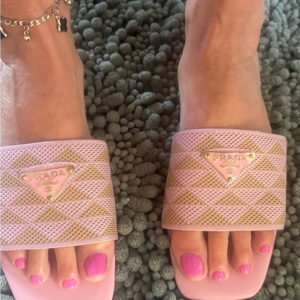 Pink Mesh Slide Sandals with Gold Logo - Picture 6 of 8